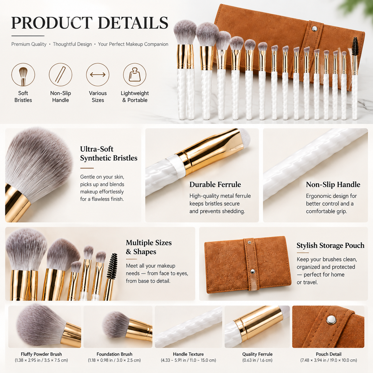 Professional 14-Piece Makeup Brush Set with Soft Bristles and Travel Storage Pouch