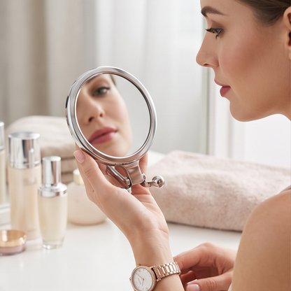 Portable Round Makeup Mirror with Dual-Sided Magnification and Adjustable Stand